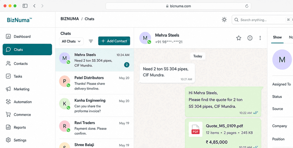 BizNuma shared WhatsApp team inbox with buyer chats, GST quote in conversation, and CRM details